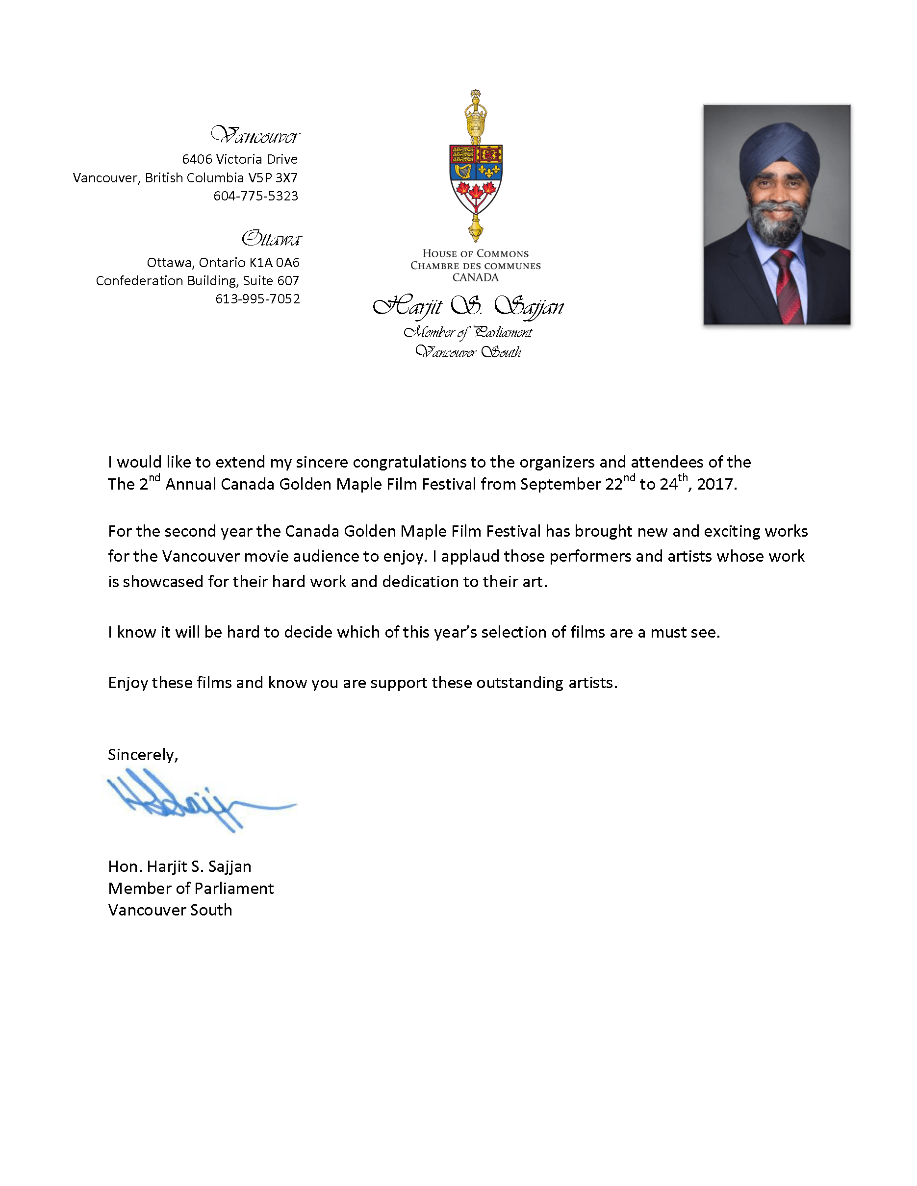 加拿大国防部长Harjit S. Sajjan贺信